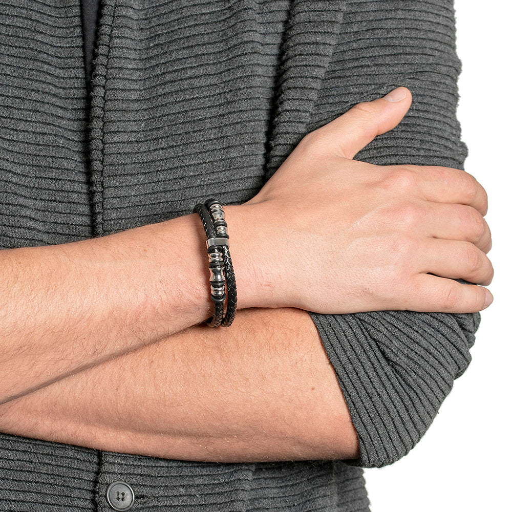 Men’s Genuine Leather Bracelet With Beads With Love Forever Engraved