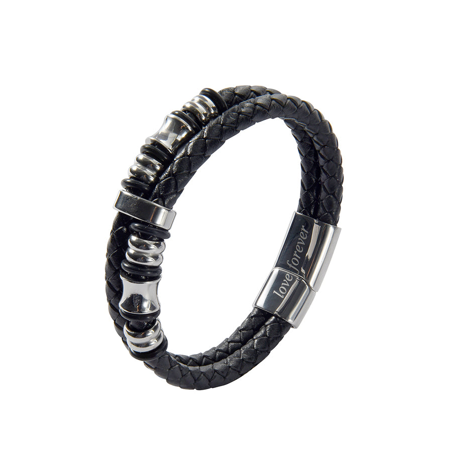 Men’s Genuine Leather Bracelet With Beads With Love Forever Engraved
