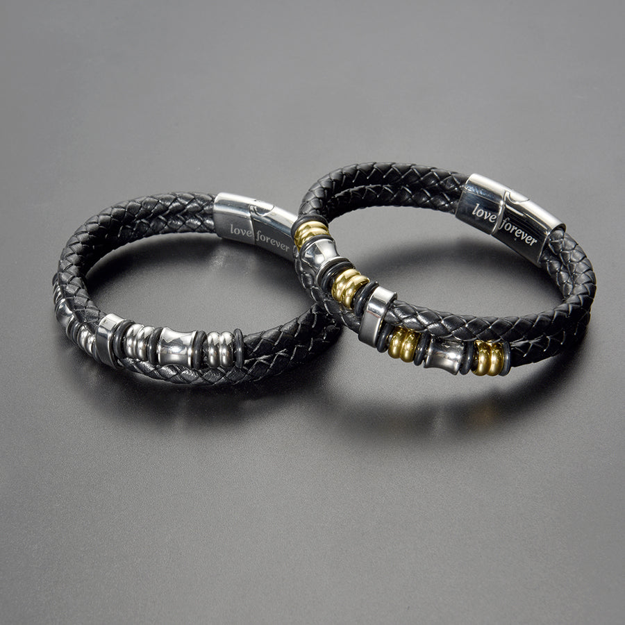 Men’s Genuine Leather Bracelet With Beads With Love Forever Engraved