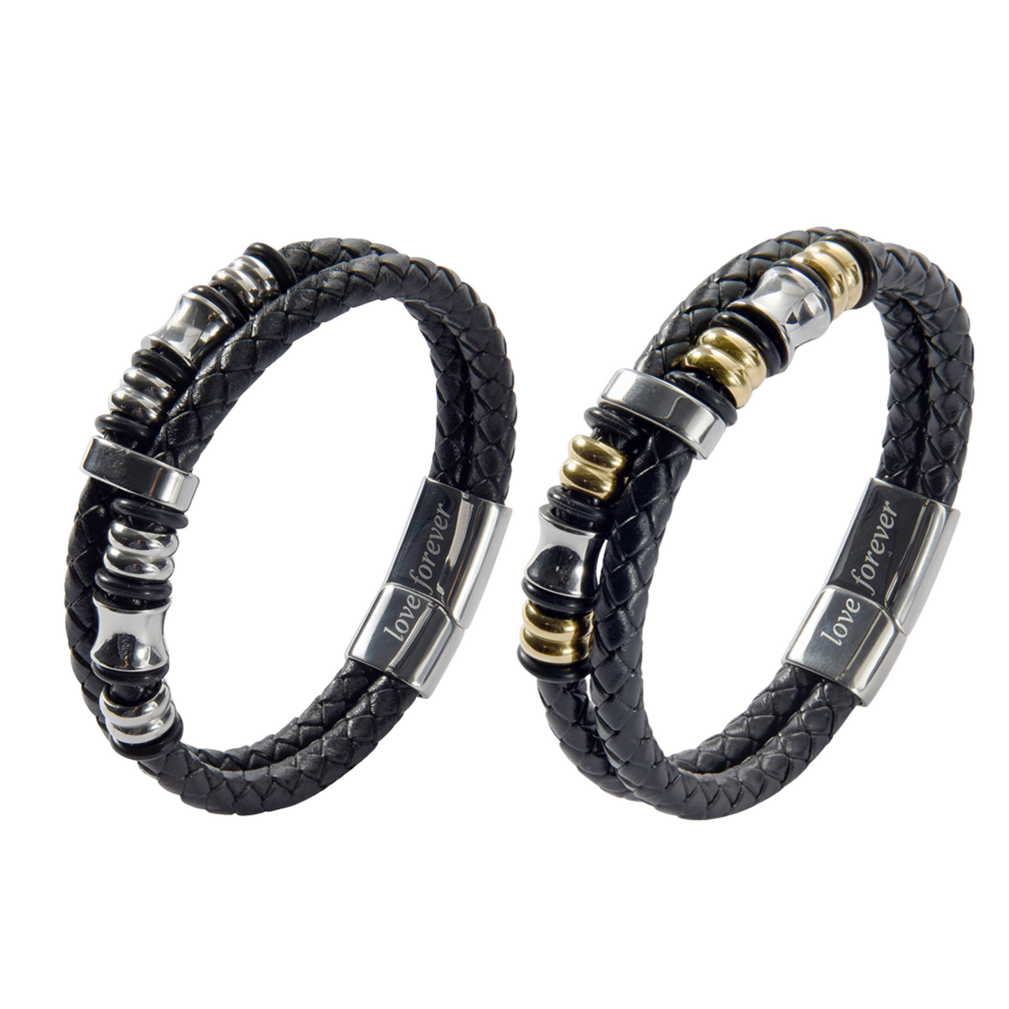Men’s Genuine Leather Bracelet With Beads With Love Forever Engraved