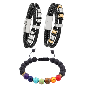 Men’s Genuine Leather Stainless Steel Bracelet and Volcanic Stone Yoga Energy Bracelet Set