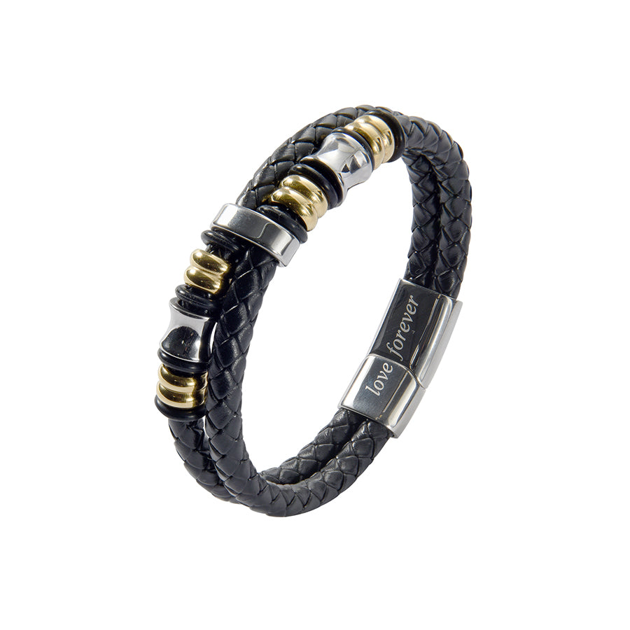 Men’s Genuine Leather Bracelet With Beads With Love Forever Engraved