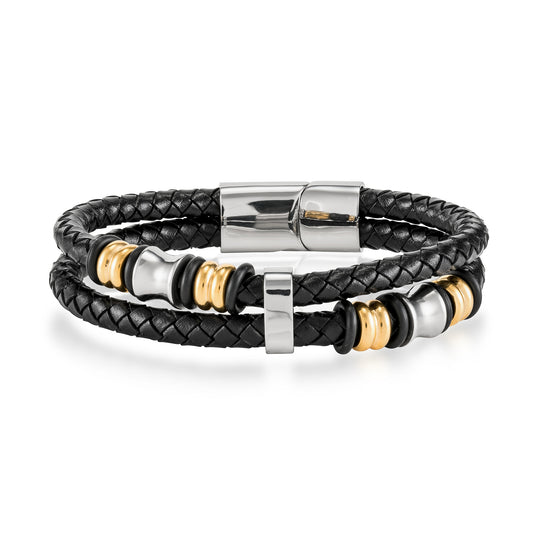 Men’s Black Leather Bracelet with 316L Beads Gold or Silver