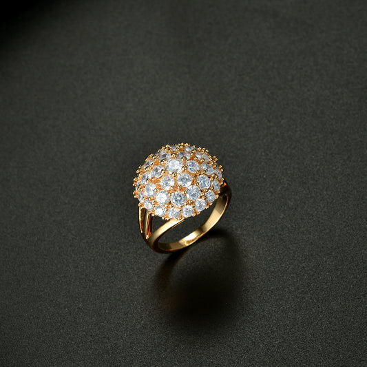 Gold Tone Plated Cluster Round Clear Crystal Ring