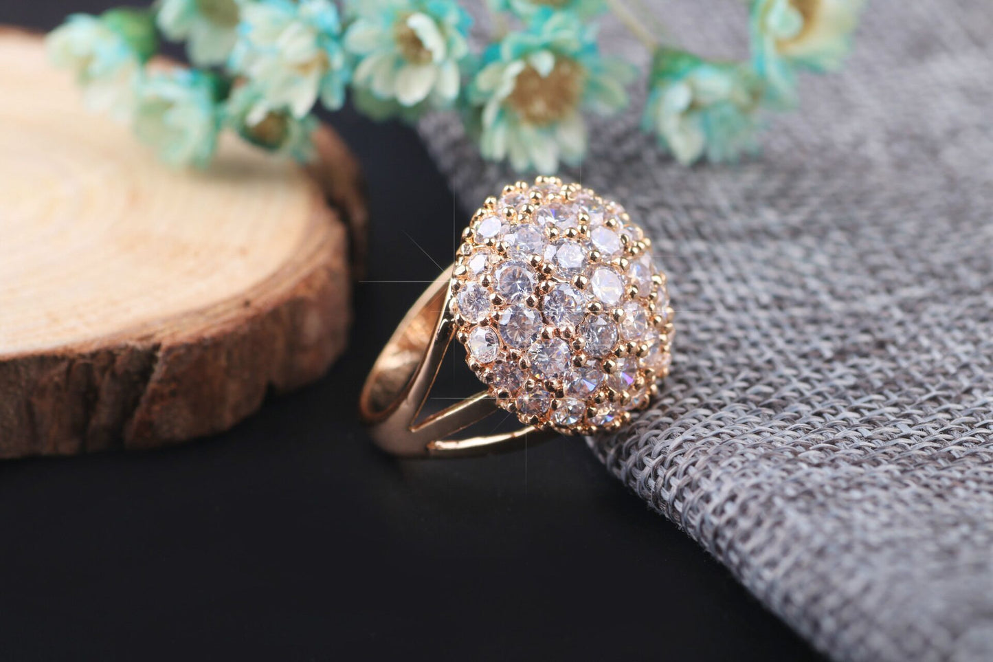 Gold Tone Plated Cluster Round Clear Crystal Ring