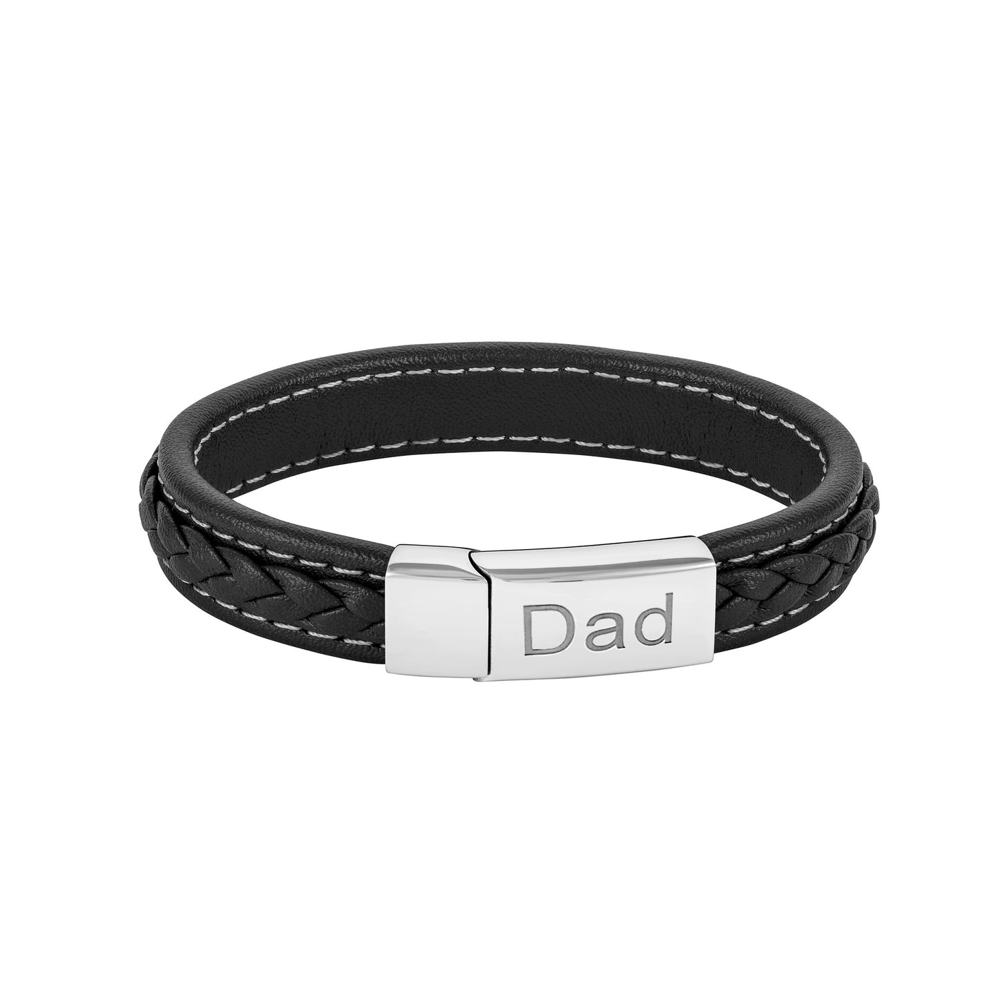 Timeless Love: Men's Black Leather Bracelet with 'Dad' and 'Love Forever' Engraving