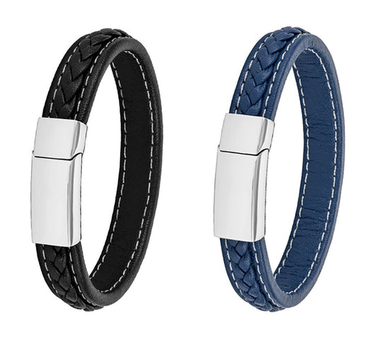 Men’s Genuine Leather Stainless Steel Bracelet Black or Blue