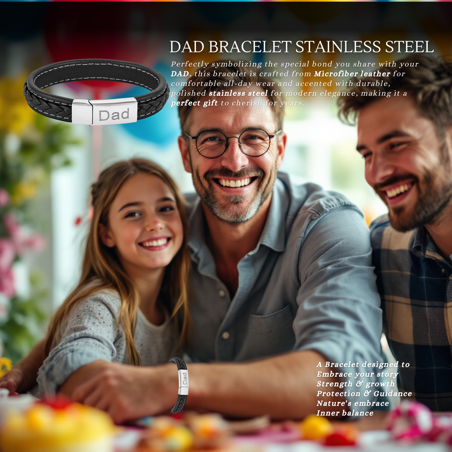 Black leather Bracelet for Dad Engraved Stainless steel with Personalised Message Card