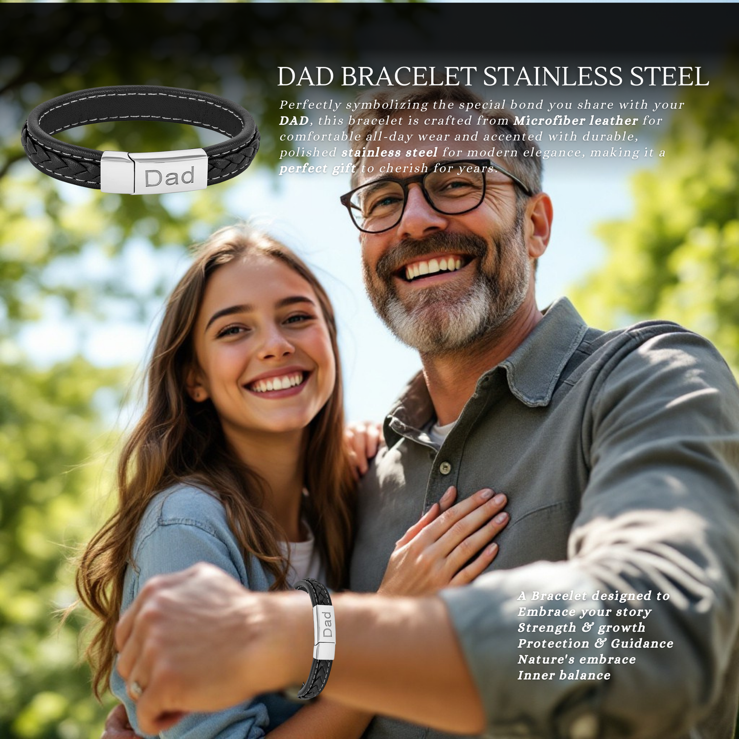 Black leather Bracelet for Dad Engraved Stainless steel with Personalised Message Card