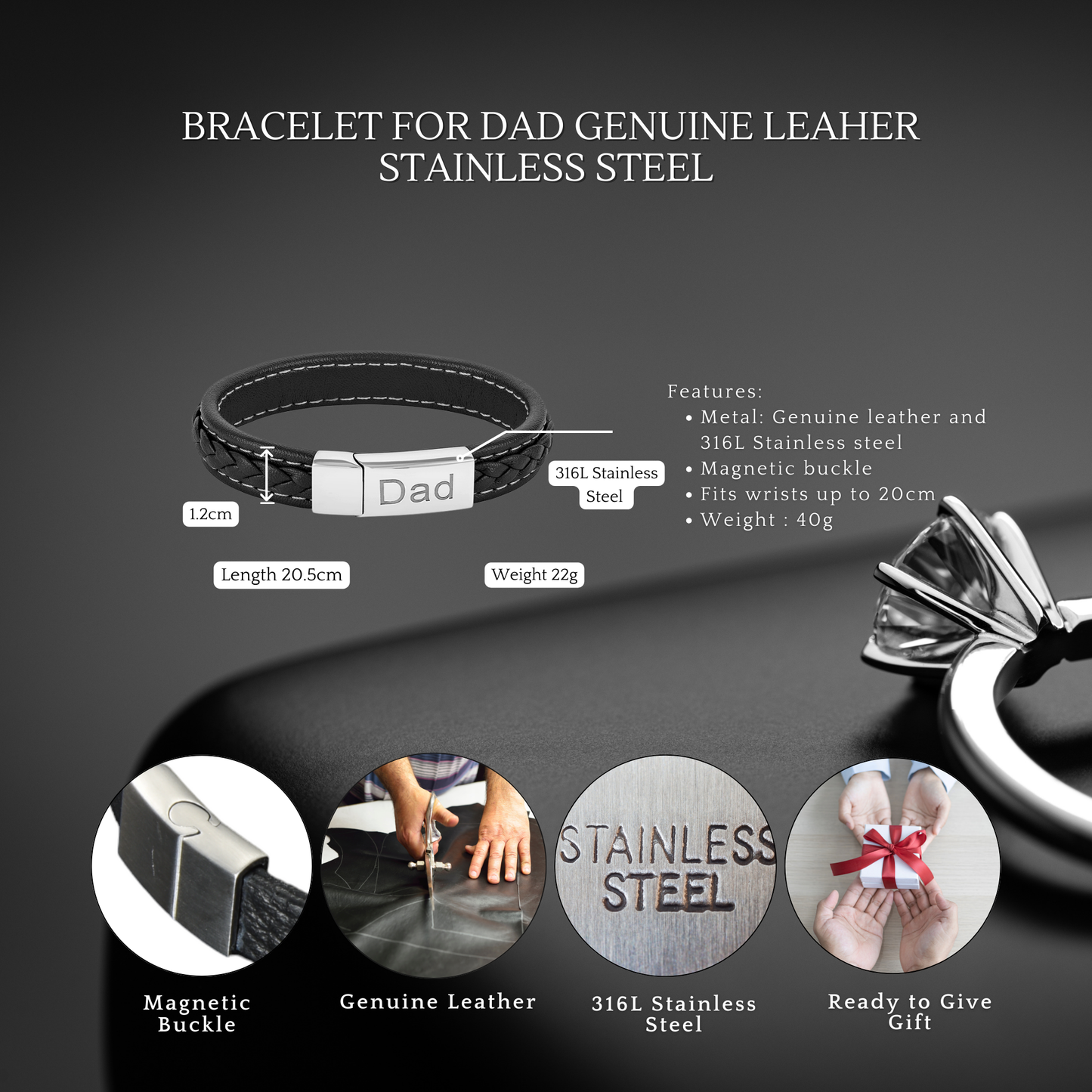 Black leather Bracelet for Dad Engraved Stainless steel with Personalised Message Card