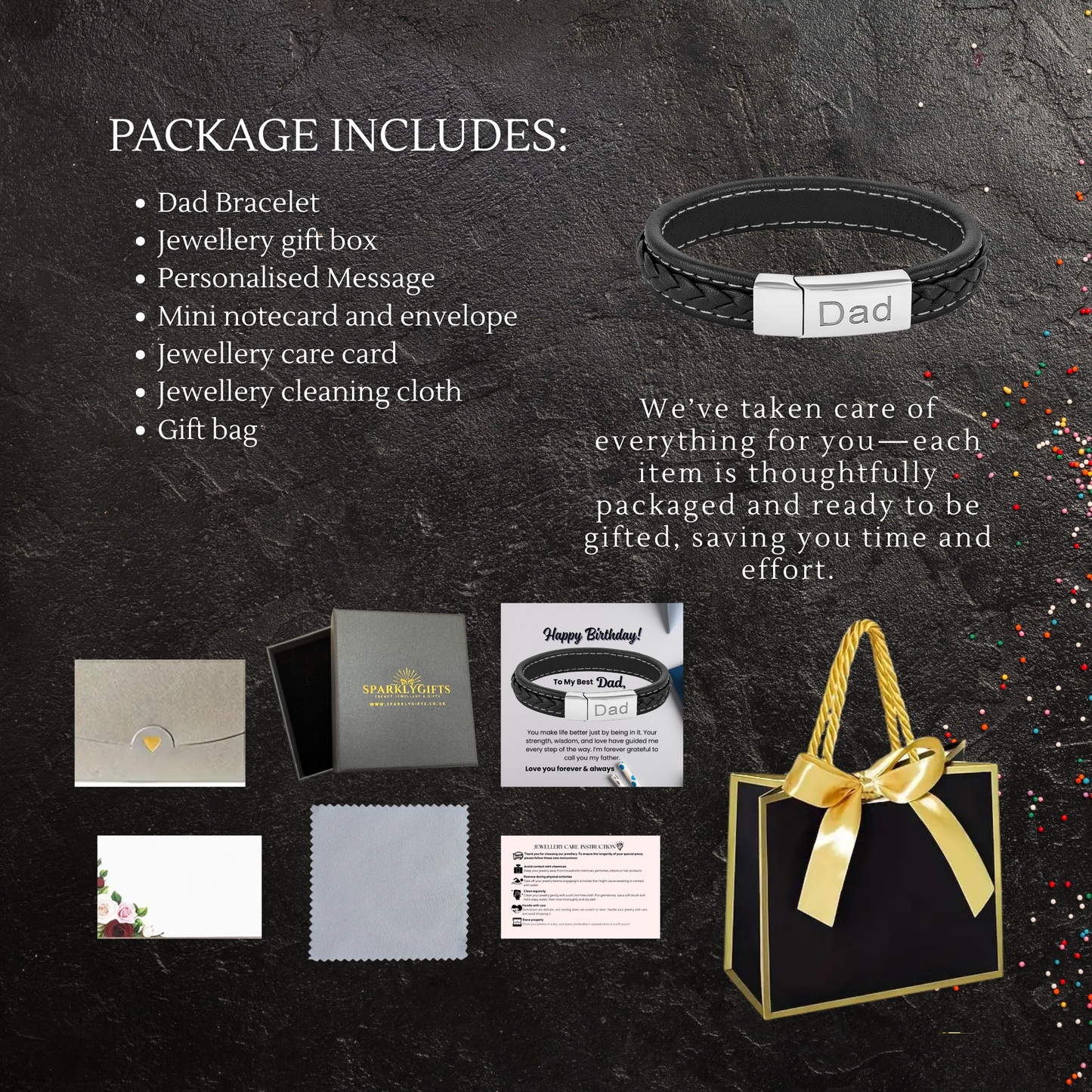 Black leather Bracelet for Dad Engraved Stainless steel with Personalised Message Card