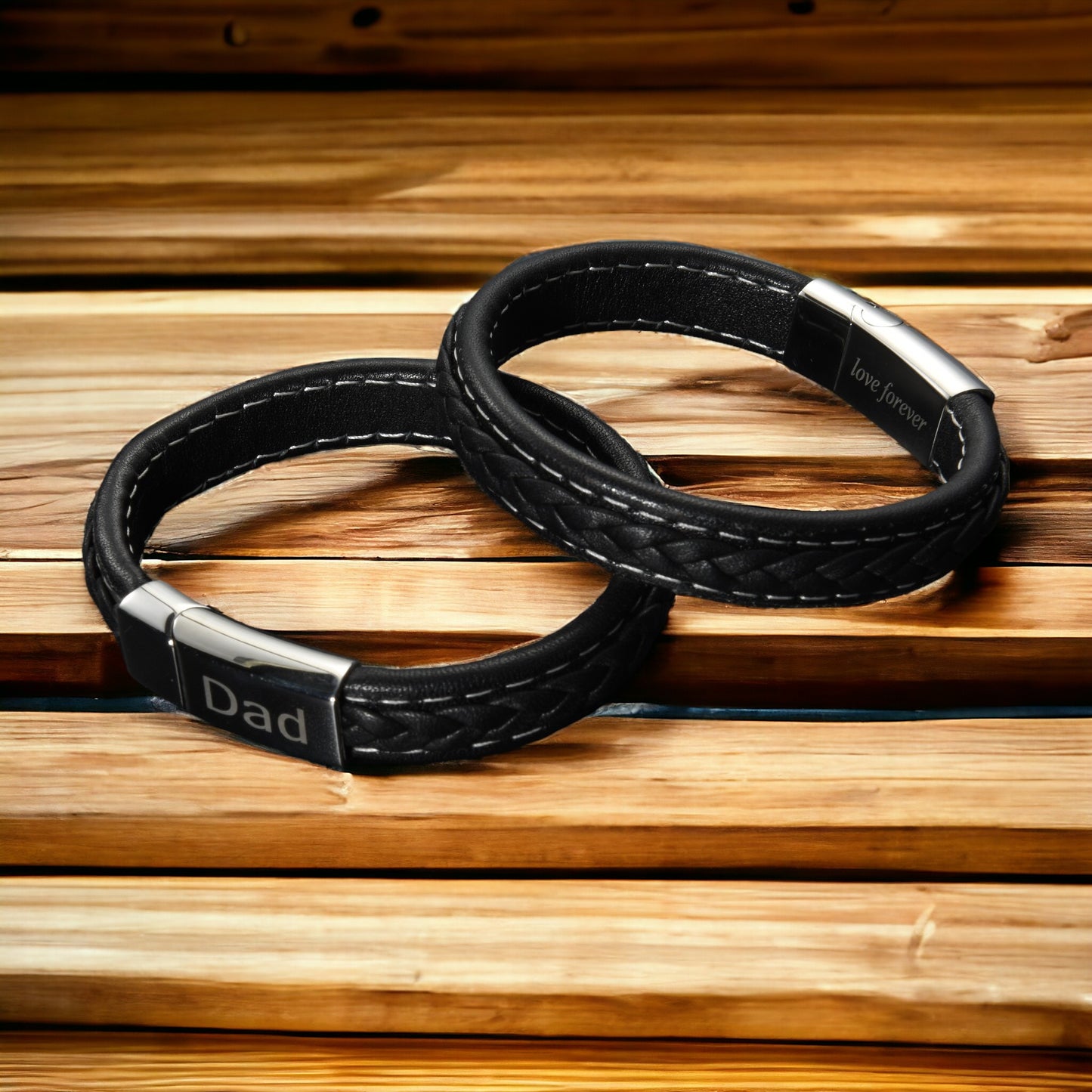Timeless Love: Men's Black Leather Bracelet with 'Dad' and 'Love Forever' Engraving