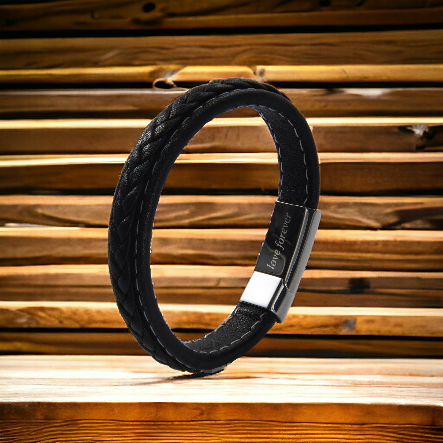 Timeless Love: Men's Black Leather Bracelet with 'Dad' and 'Love Forever' Engraving
