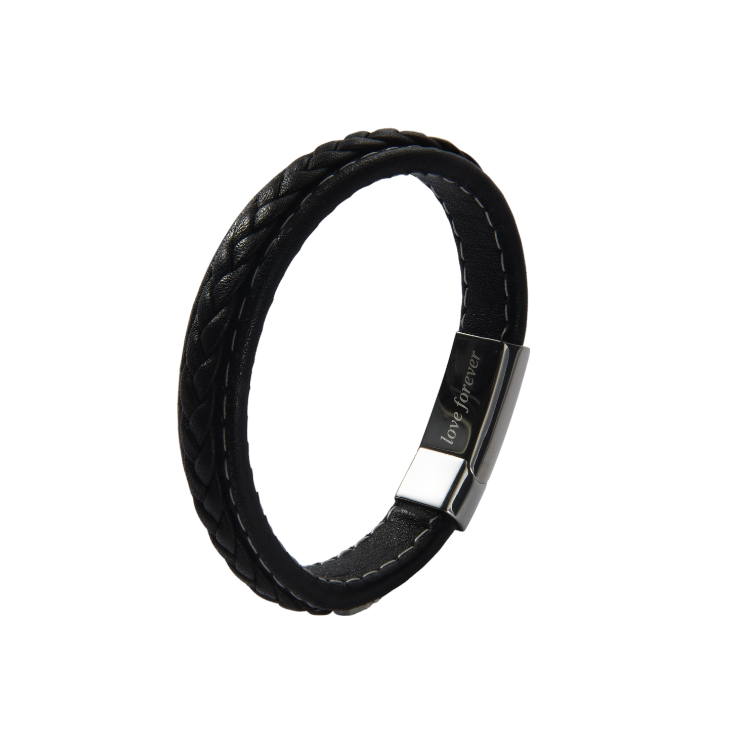 Timeless Love: Men's Black Leather Bracelet with 'Dad' and 'Love Forever' Engraving
