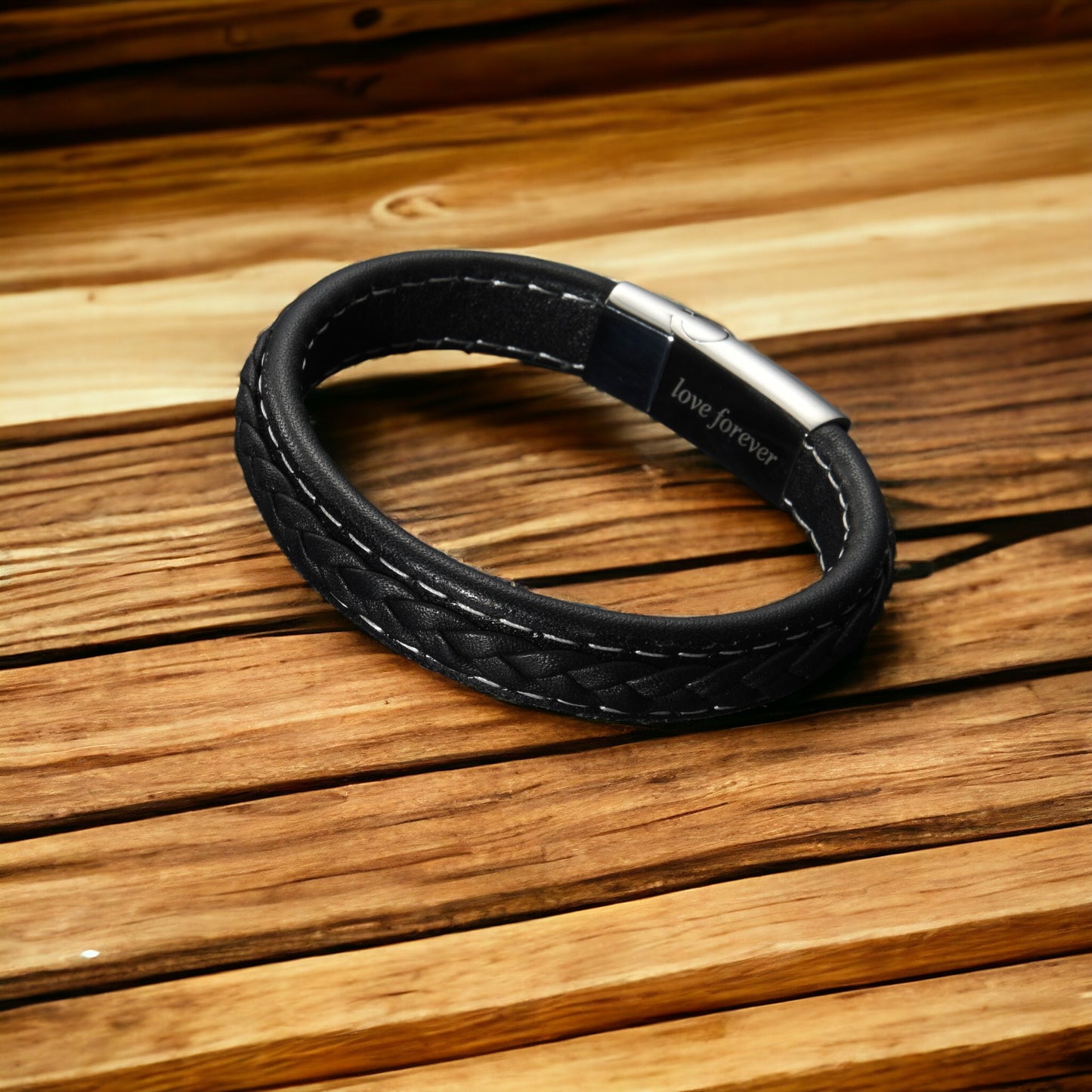 Timeless Love: Men's Black Leather Bracelet with 'Dad' and 'Love Forever' Engraving