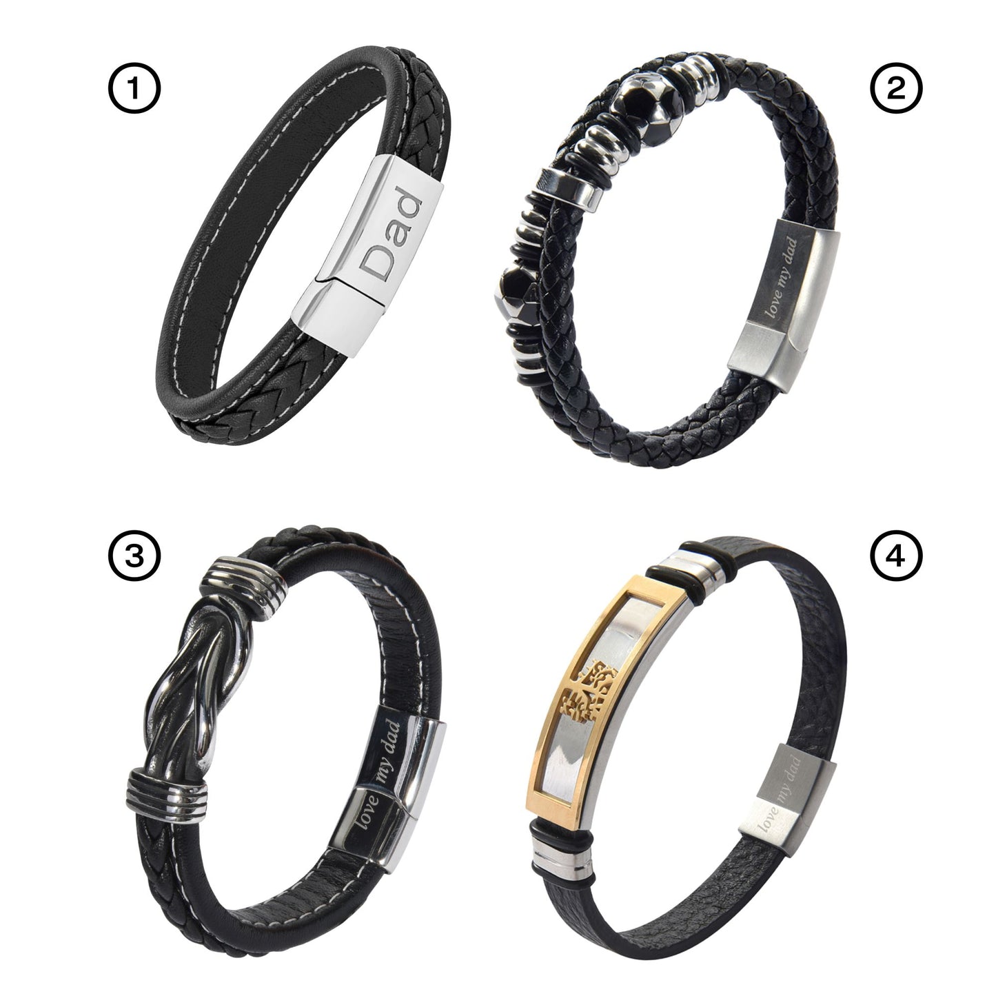 Men’s Genuine Black Leather Football Infinity Tree of Life Bracelet With Dad Engraving Selections