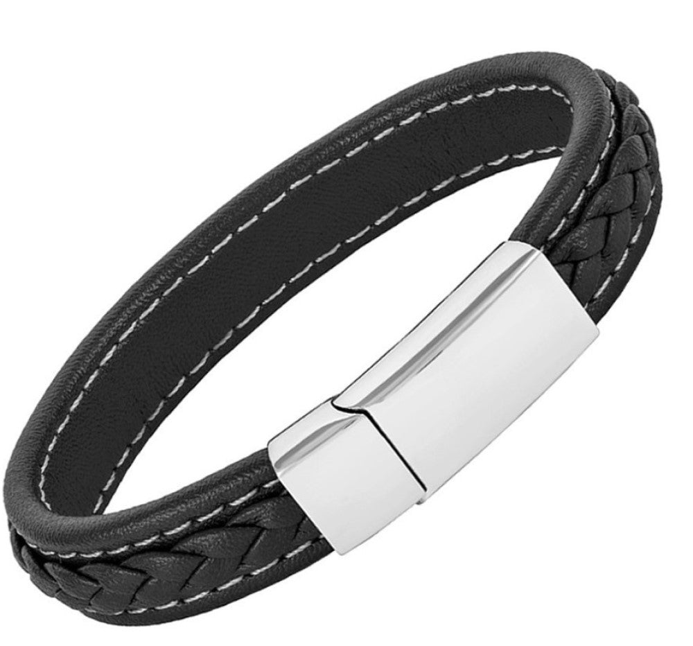 Men’s Genuine Leather Stainless Steel Bracelet Black or Blue