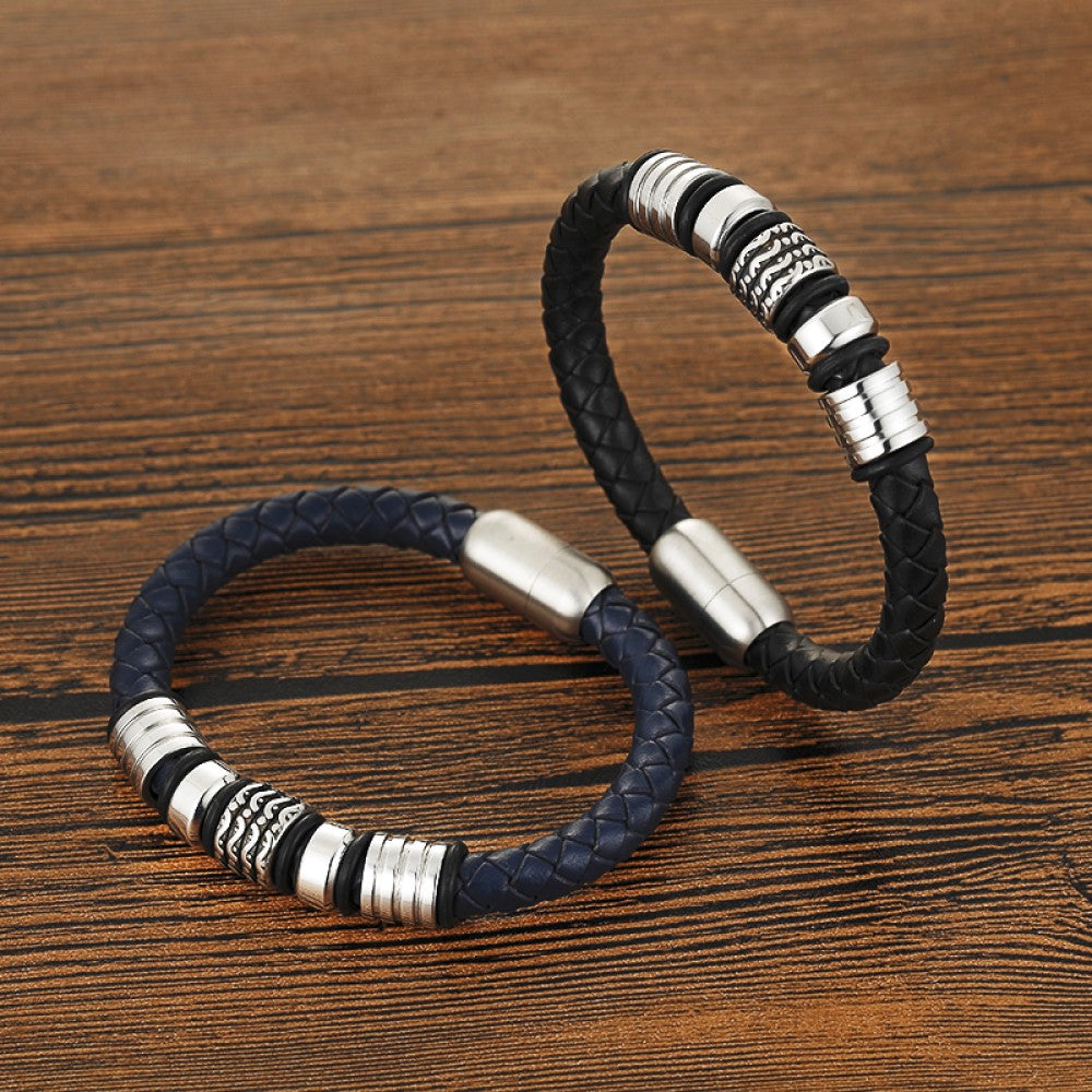 Honor and Style: Men's Genuine Leather Bracelet with Titanium Beads