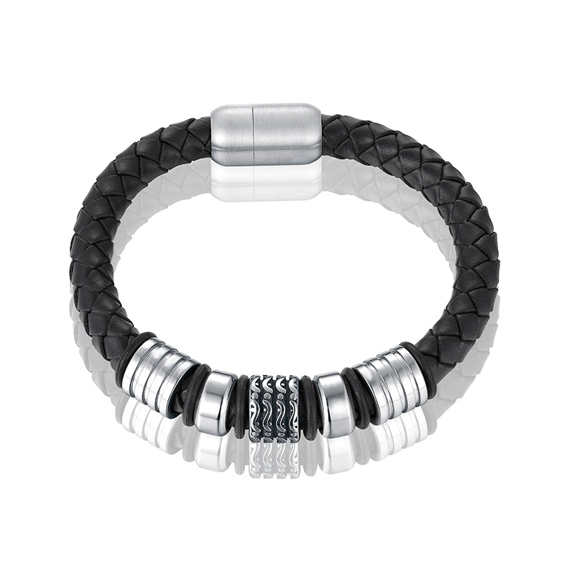 Honor and Style: Men's Genuine Leather Bracelet with Titanium Beads