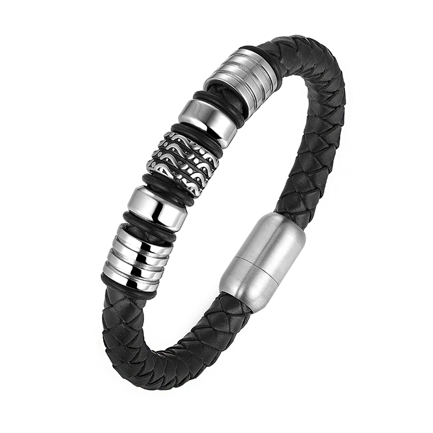 Honor and Style: Men's Genuine Leather Bracelet with Titanium Beads