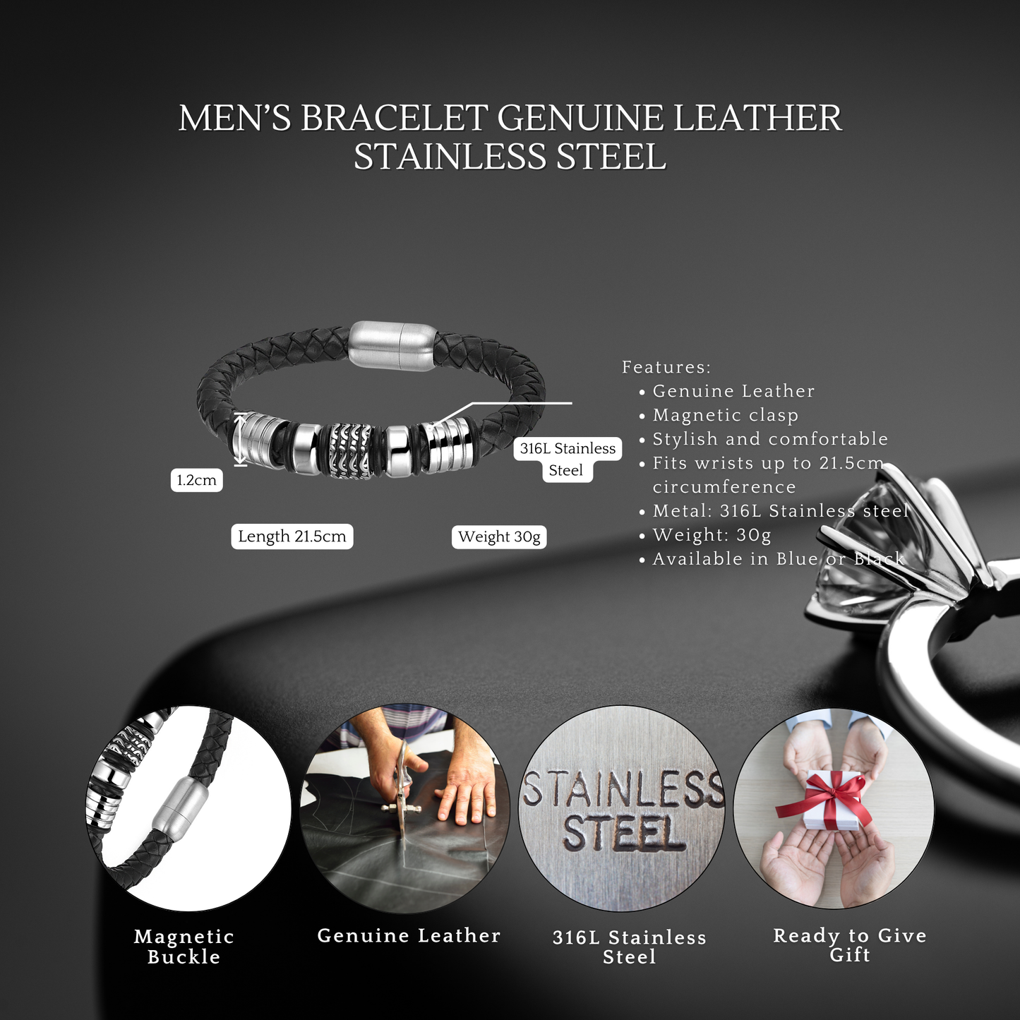 Honor and Style: Men's Genuine Leather Bracelet with Titanium Beads