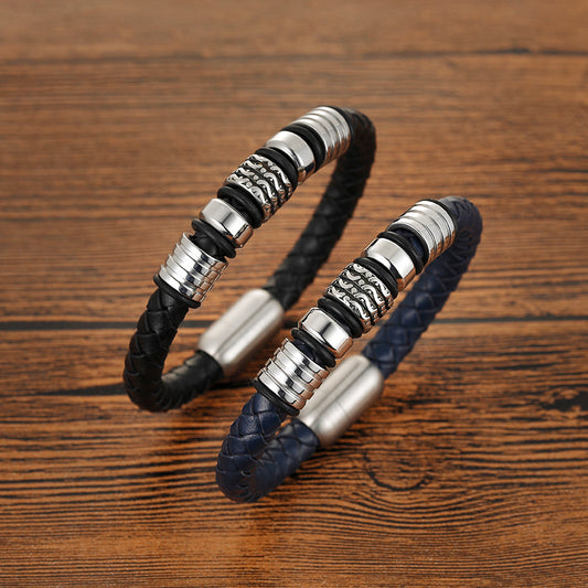 Honor and Style: Men's Genuine Leather Bracelet with Titanium Beads