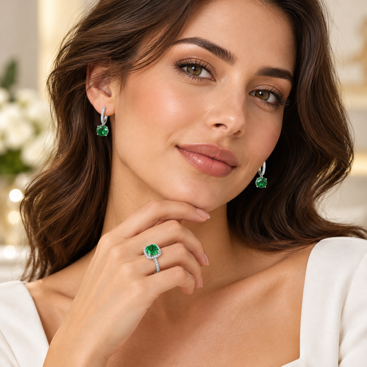 Green Crystal Halo Ring and Huggies Earrings Set