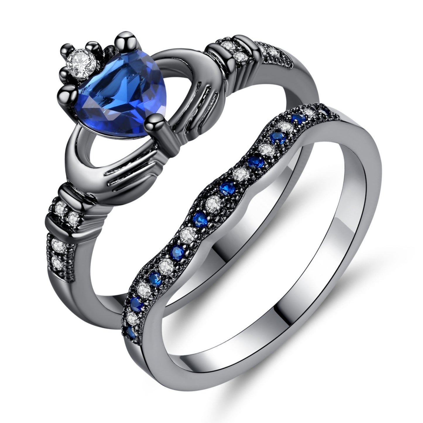 Black Double Ring Set Made with Blue Premium Crystal