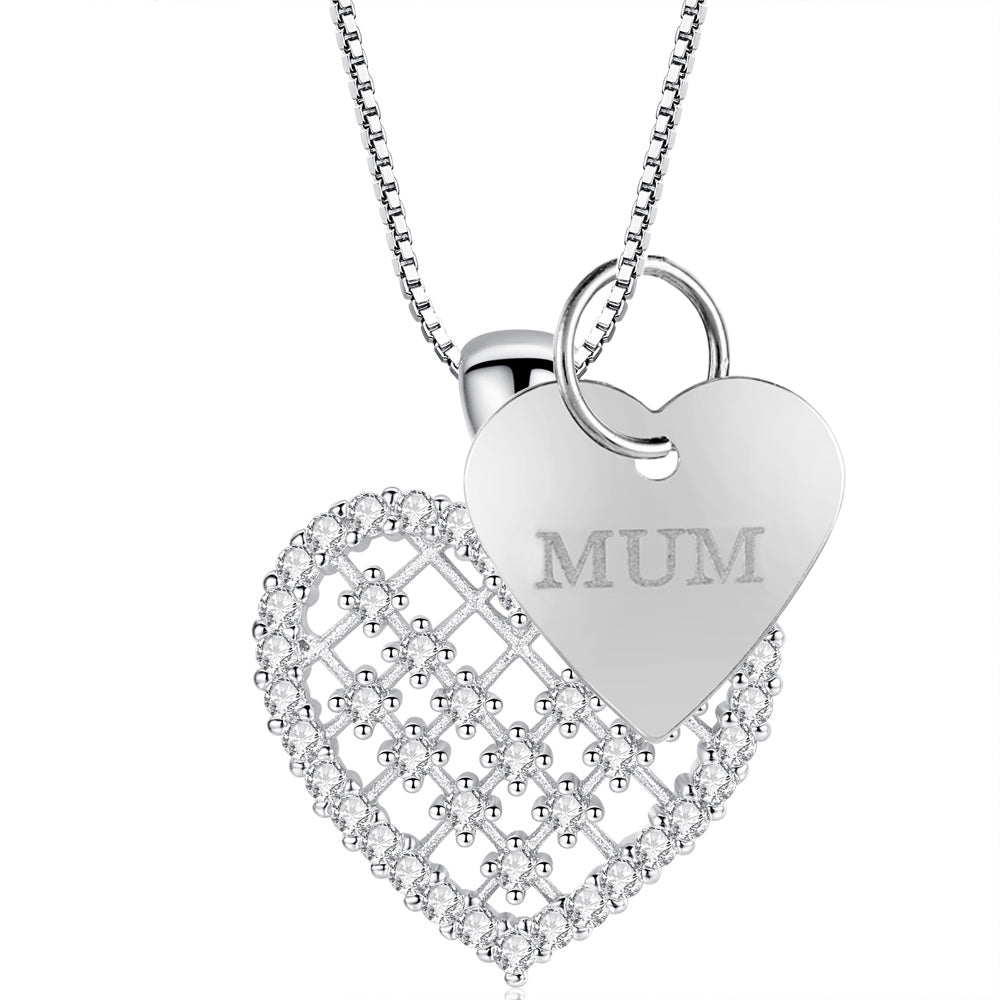Silver Tone Crystal Heart Pendant Necklace with Love Mum Tag