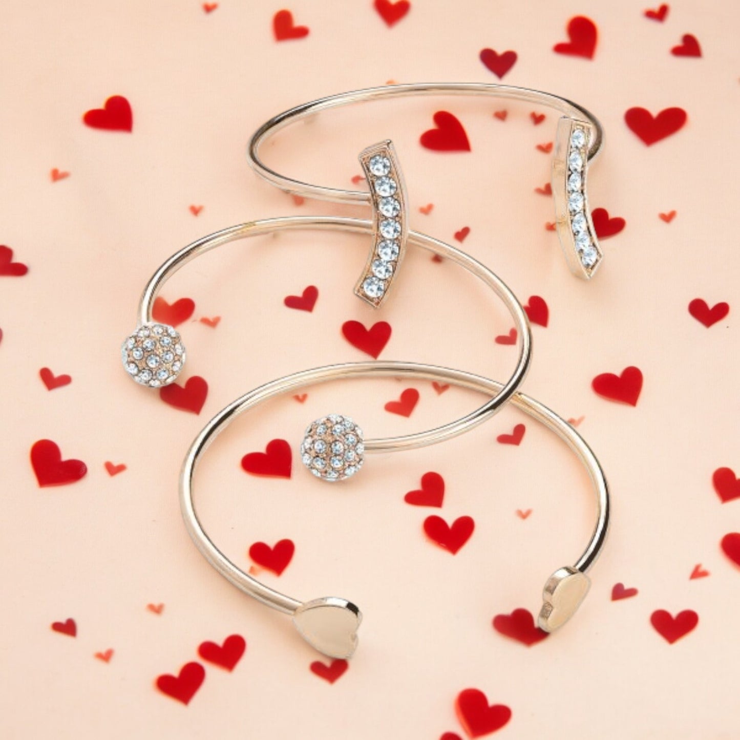 Three Pieces Rose Gold Adjustable Bangle Set with Crystals
