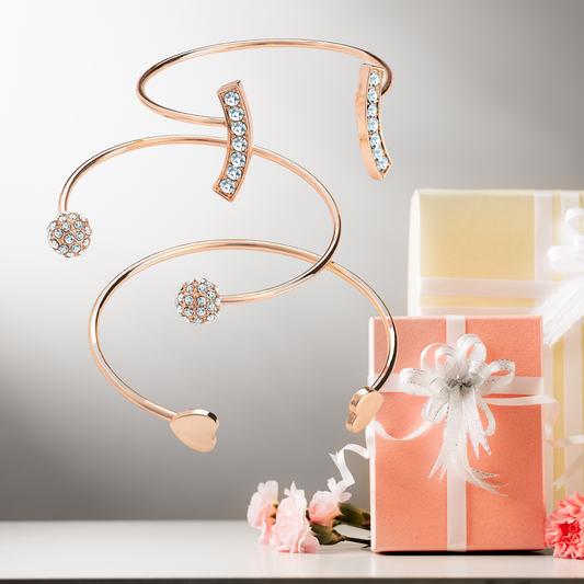 Three Pieces Rose Gold Adjustable Bangle Set with Crystals