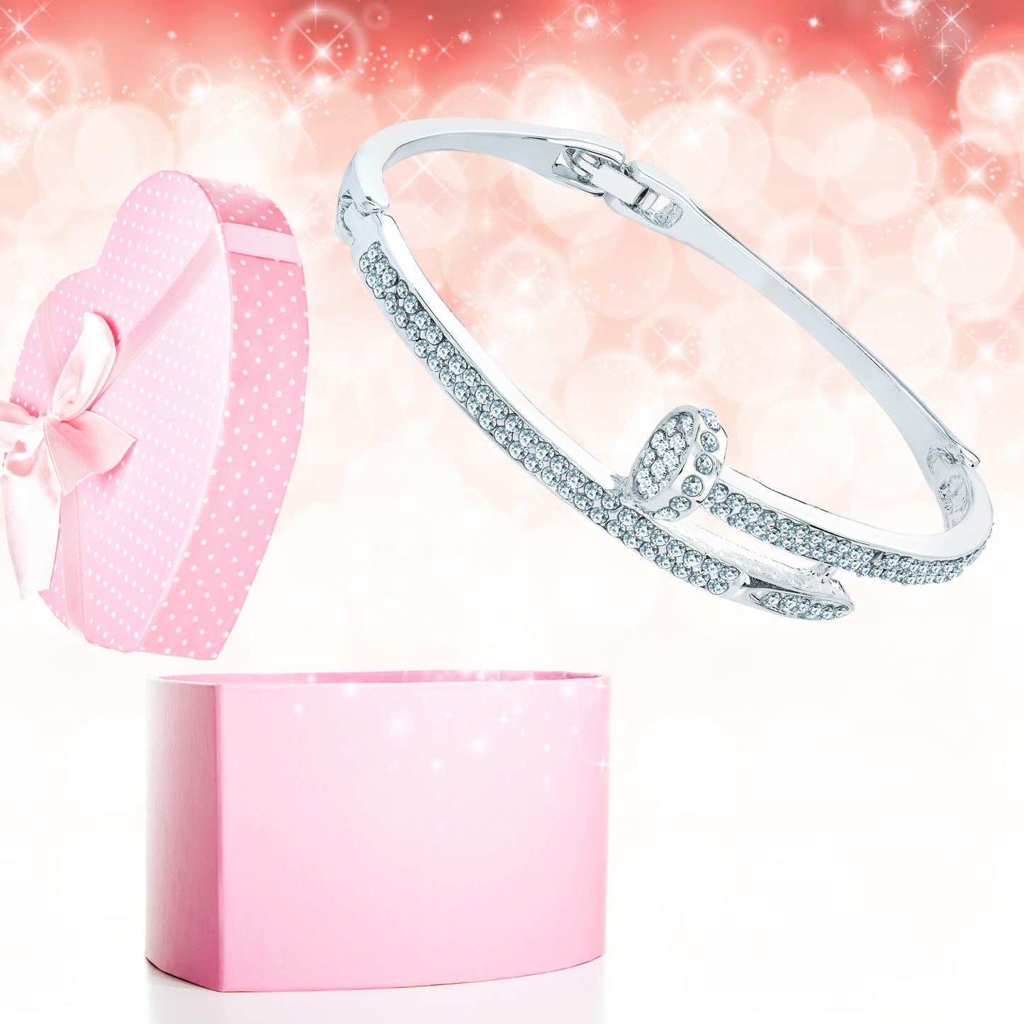 Silver Colour Crystal Nail Design Hinge Bangle