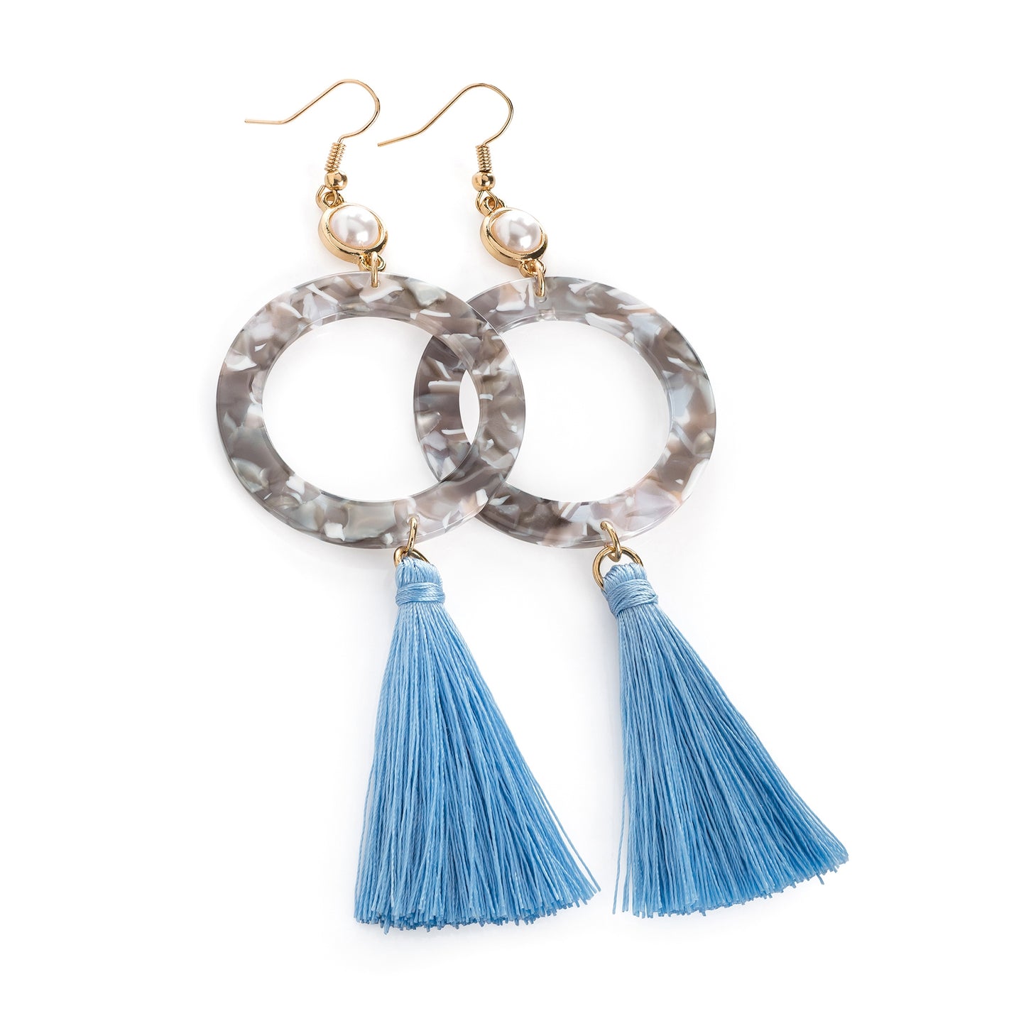 Gold and Cream Pearl Colour Marble Effect Blue Tassel Drop Earrings
