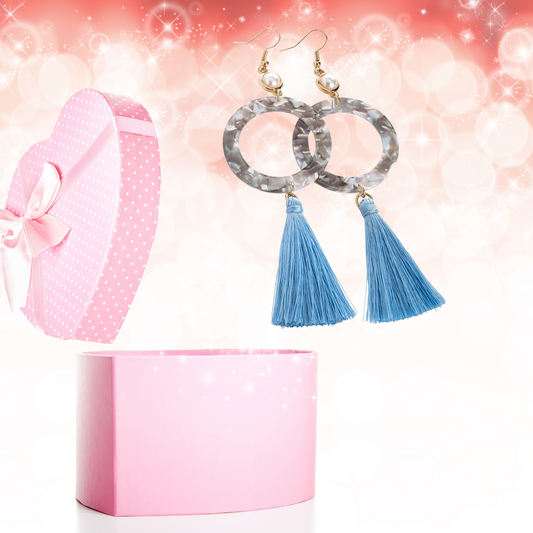 Gold and Cream Pearl Colour Marble Effect Blue Tassel Drop Earrings