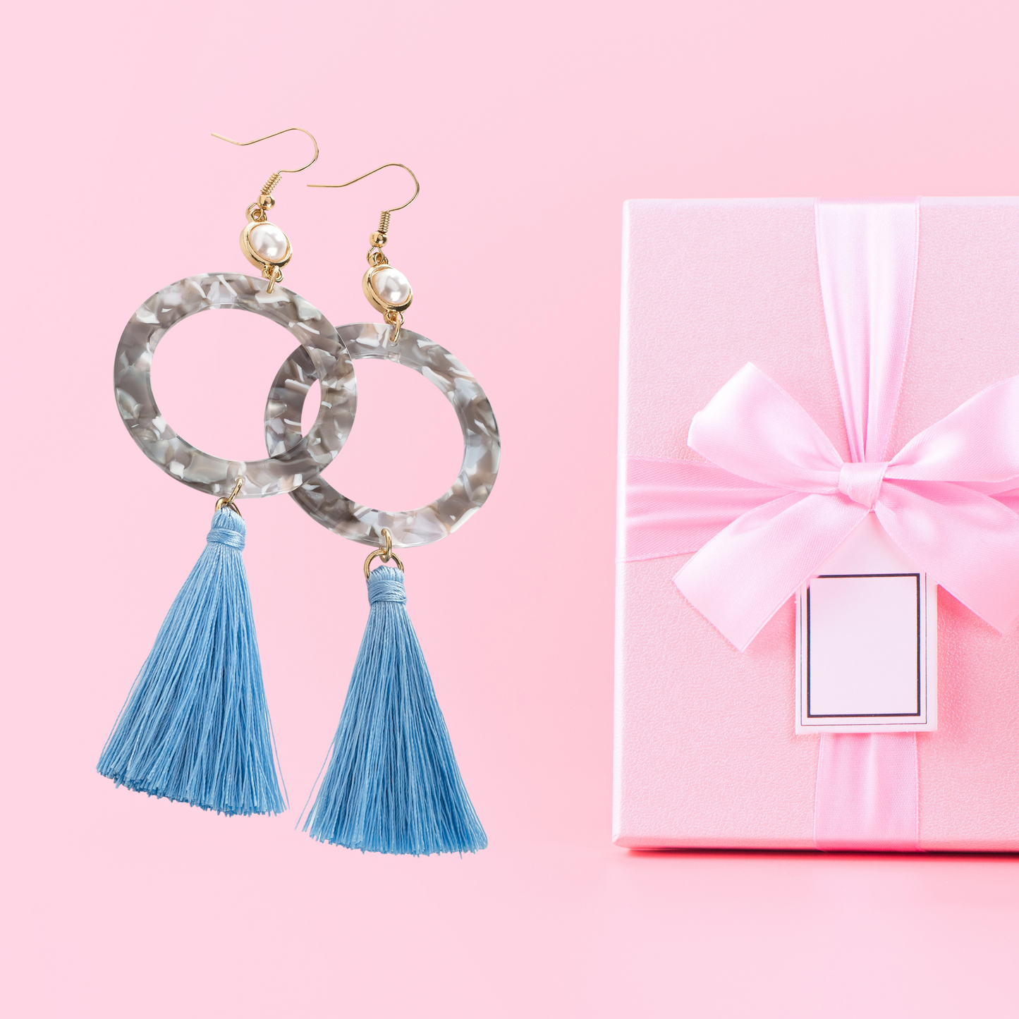 Gold and Cream Pearl Colour Marble Effect Blue Tassel Drop Earrings