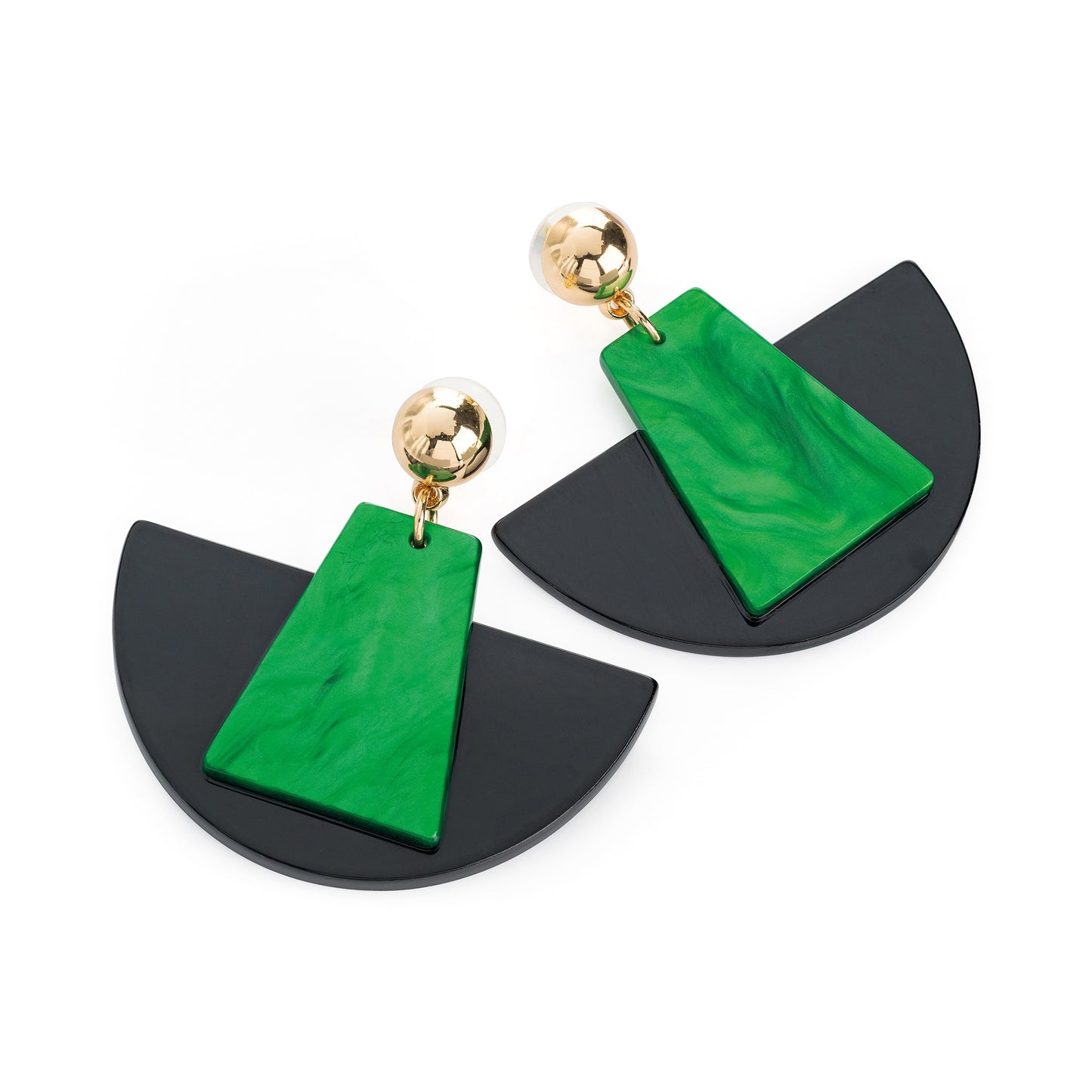 Gold Colour Green and Black Marble Effect Drop Earrings