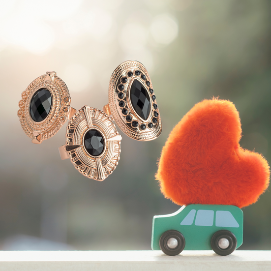 Three Pieces Rosegold Colour and Black Bead Adjustable Ring set