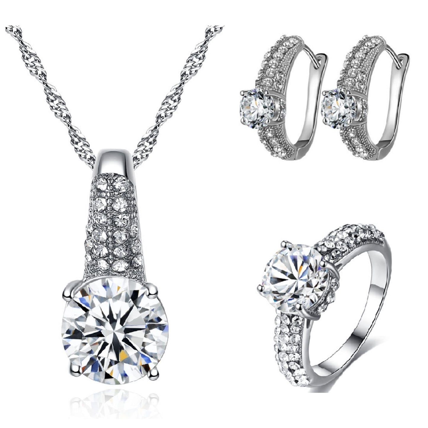 Silver Tone Plated Necklace, Ring and Earrings Tri-set
