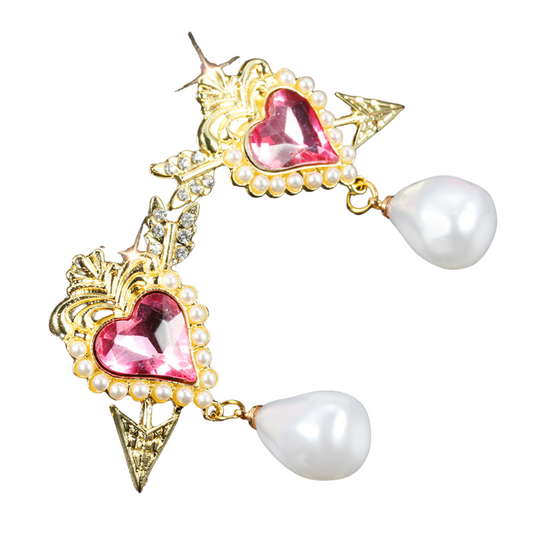 Cupid Arrow Heart Stud Earring with Pink Heart Crystal