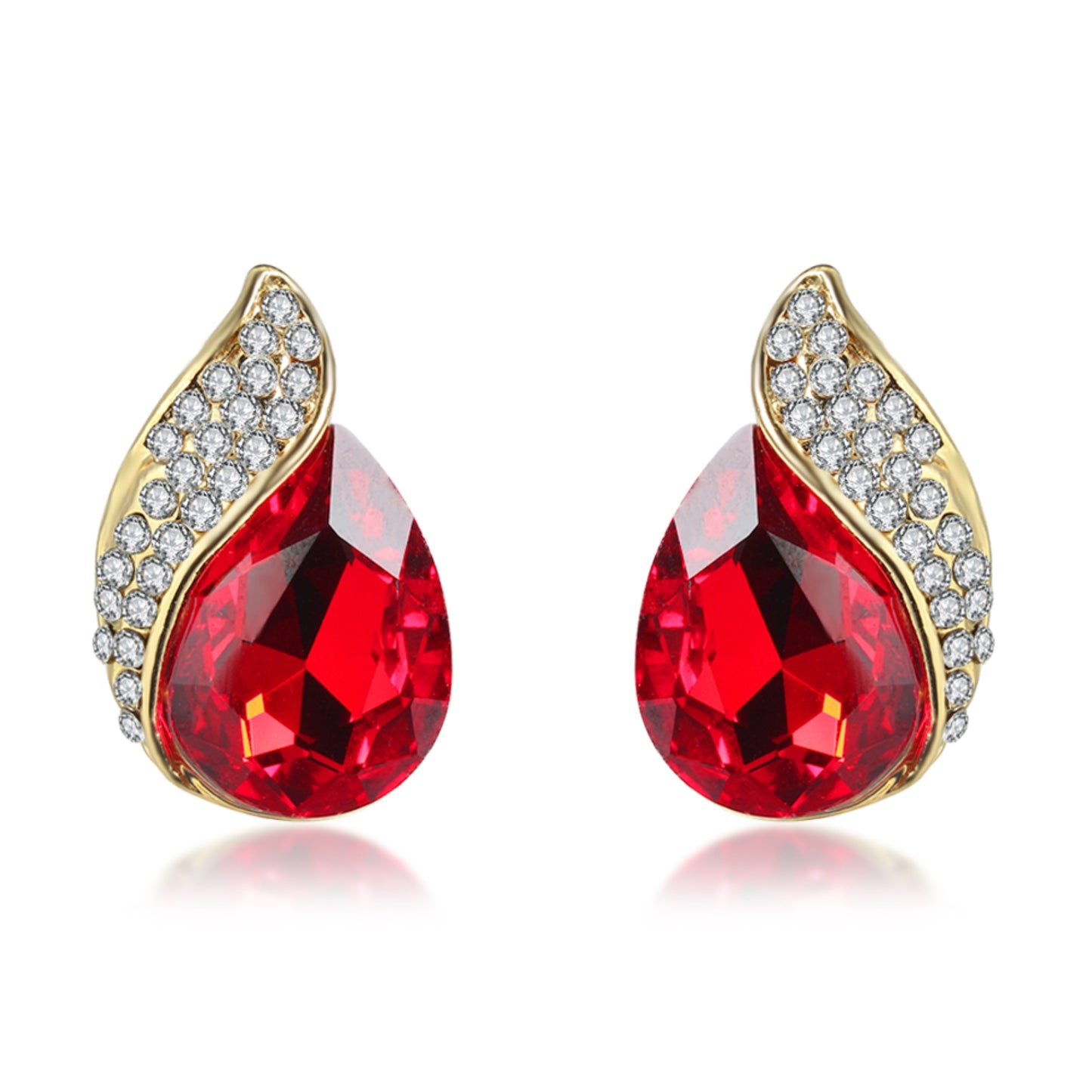 Red Crystal Water Drop Clip on Non Pierced Stud Earrings