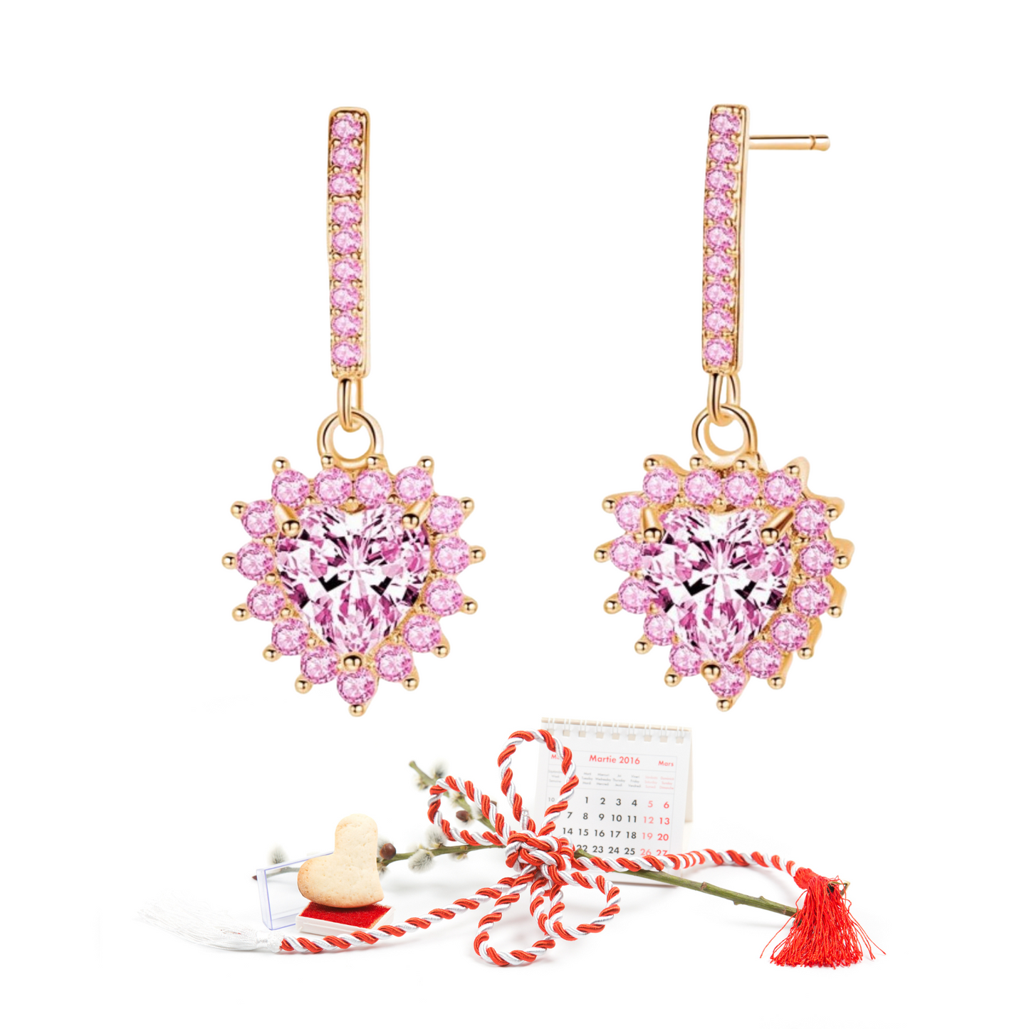 Heart Drop Earrings with Pink Cubic Zirconia Crystals