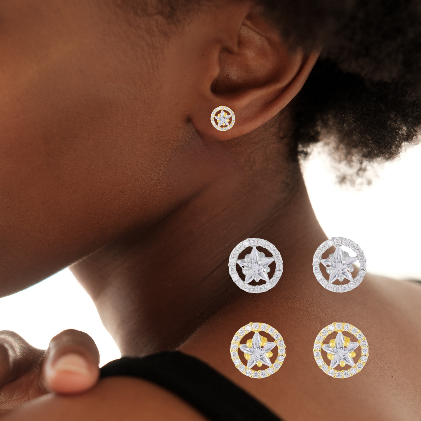 Shiny Crystal Round Star Earrings – Silver or Gold