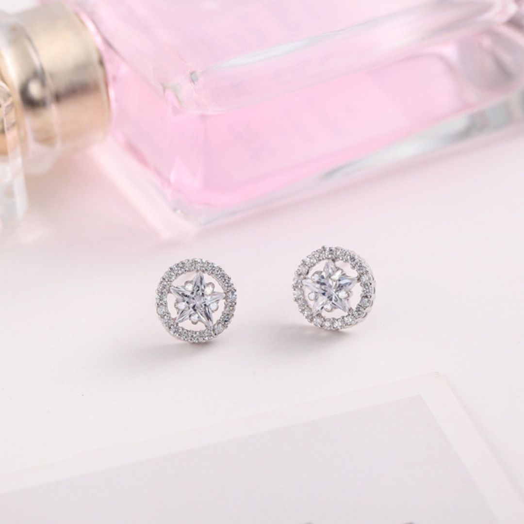 Shiny Crystal Round Star Earrings – Silver or Gold