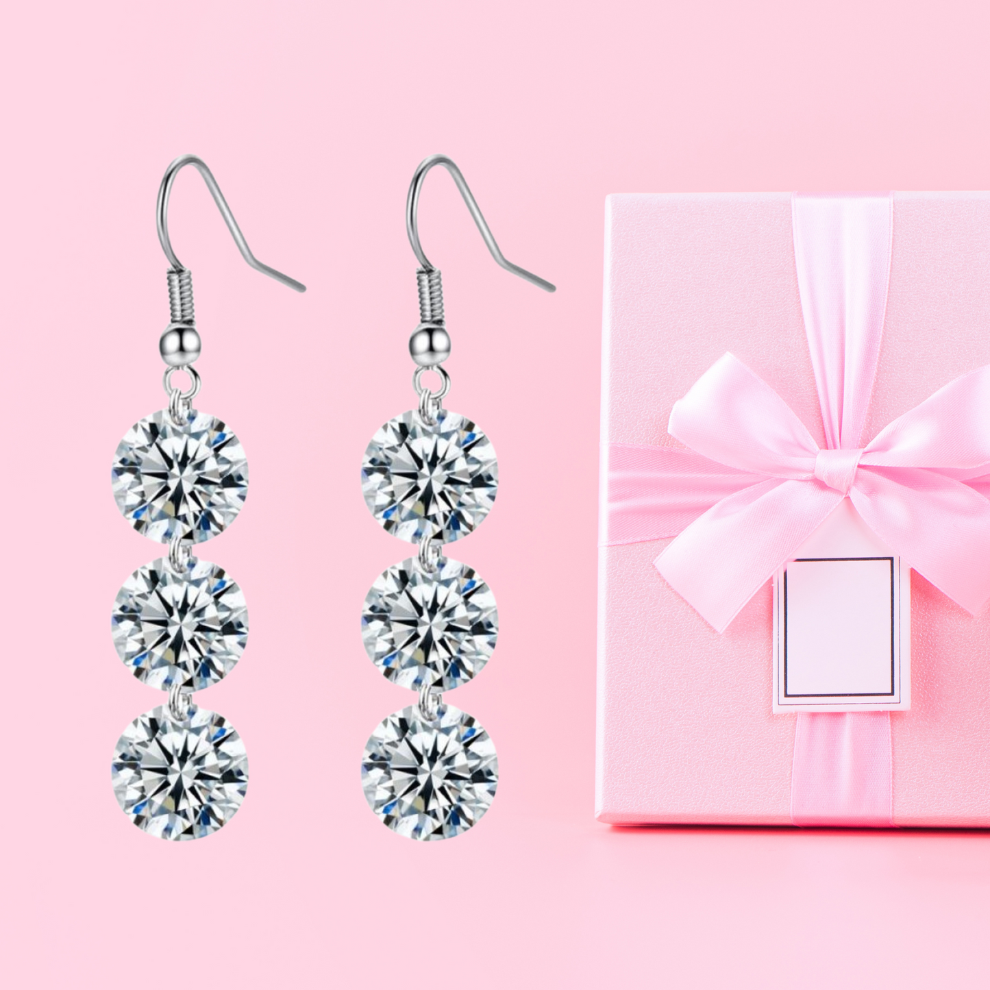 Stunning Three Clear Crystals Drop Wire Hook Earrings