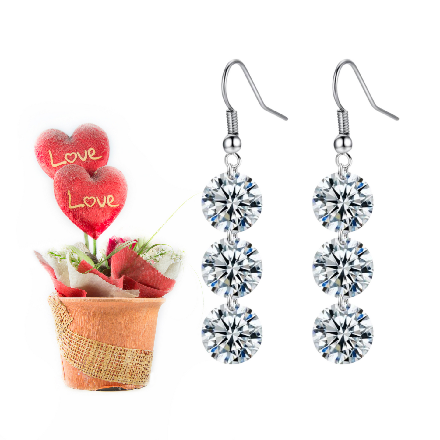 Stunning Three Clear Crystals Drop Wire Hook Earrings