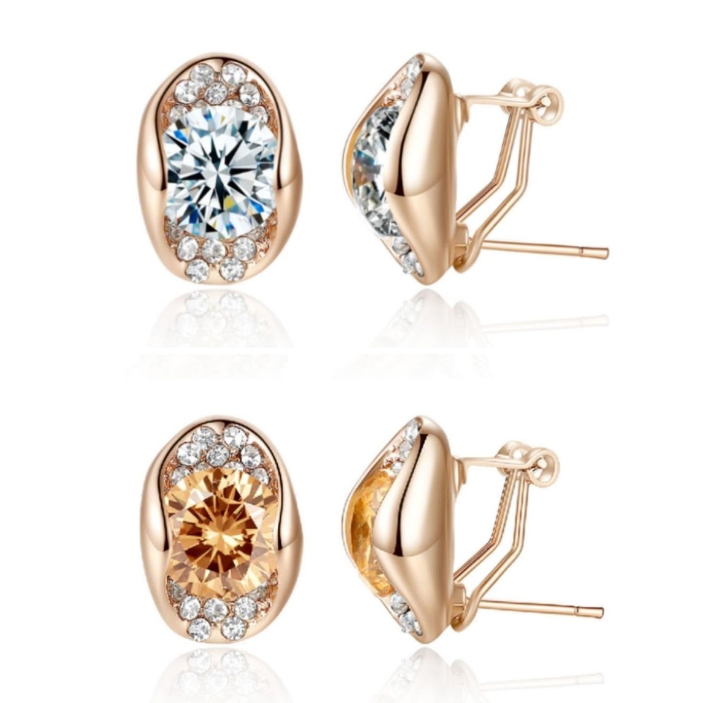 Rose Gold Plated Stud Earrings with Clear or Amber Crystals