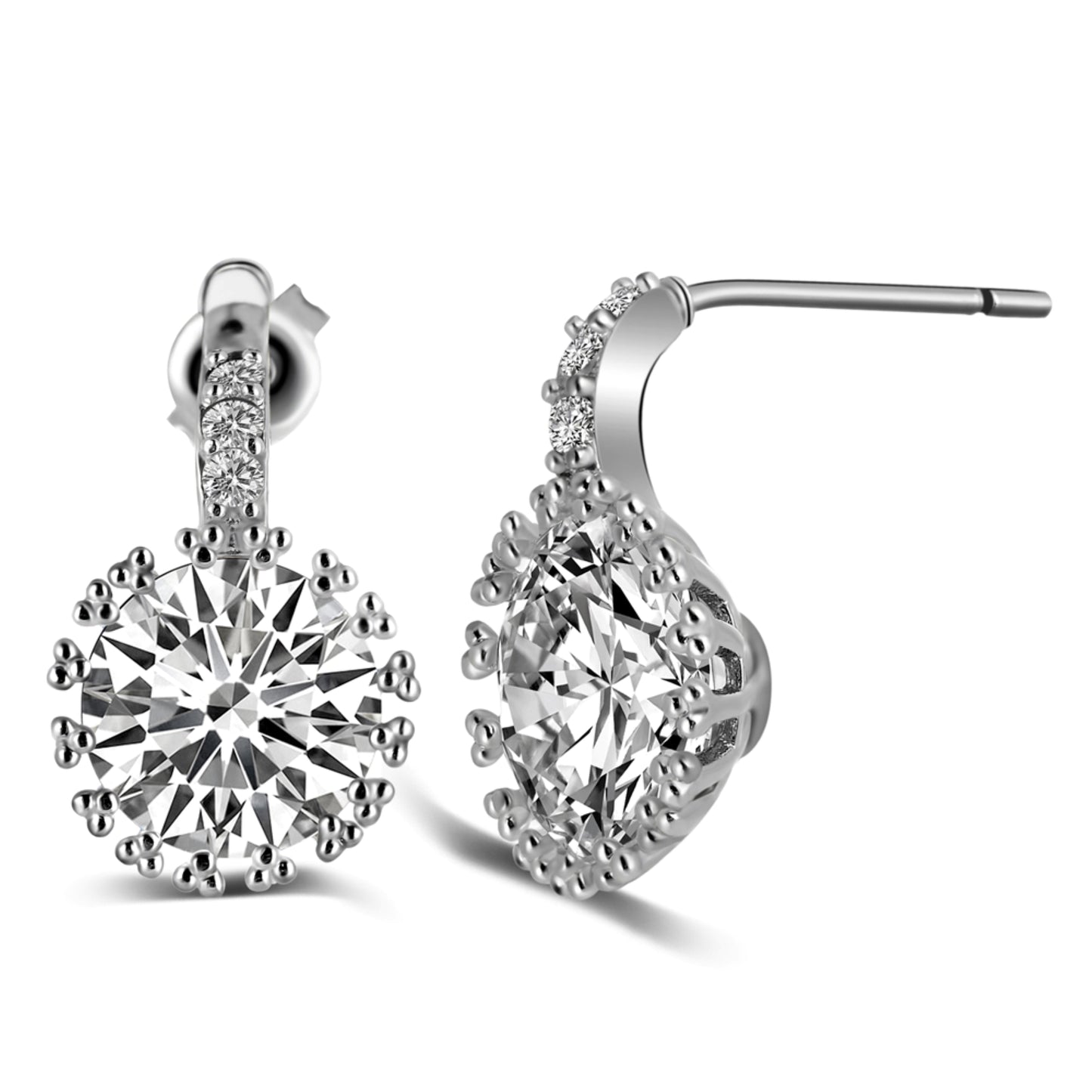 Stunning Silver Tone Clear Round Crystal Stud Earrings