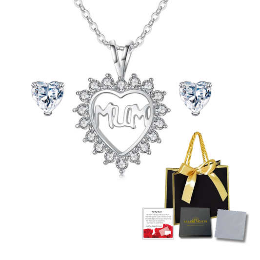 Heart shaped Crystal Necklace and Stud Earrings Jewellery set with Message Card for Mum