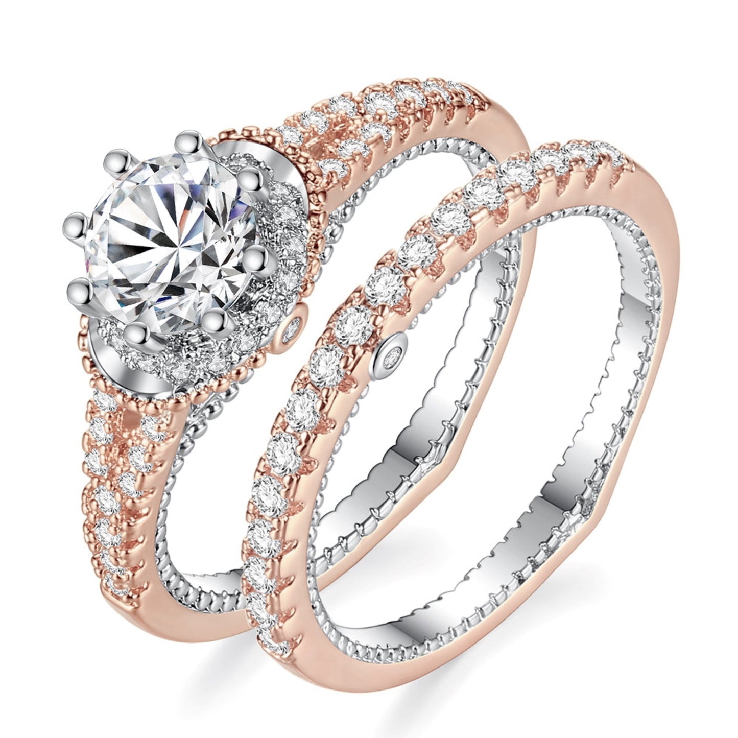 Rosegold Tone Double Ring Set with Clear Crystals