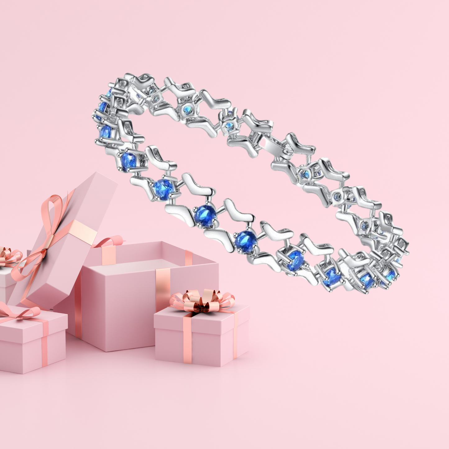 Rhodium Plated Blue Cubic Zirconia Link Bracelet